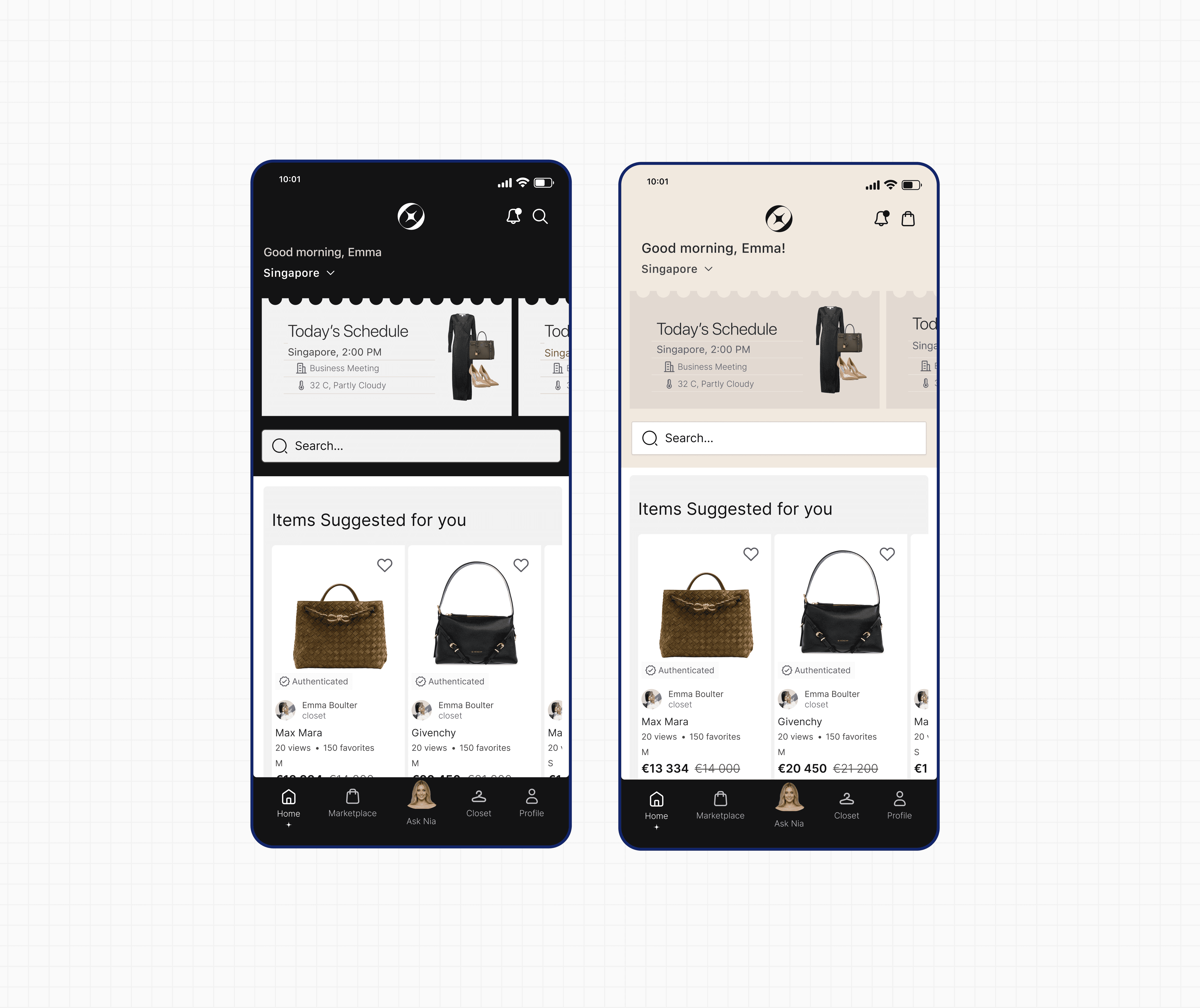 OWNE app screens: home with Nia's suggestions and the closet